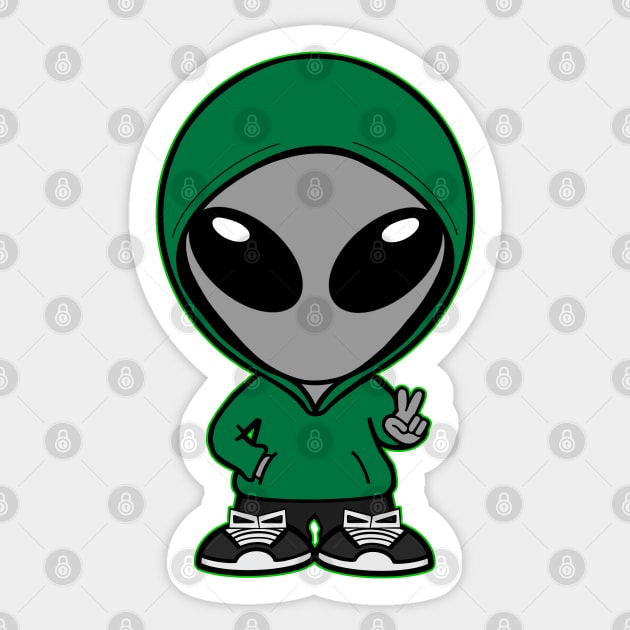 Casual Clothed Gray Alien Holding Up "Peace" Hand Sign Sticker by SpaceAlienTees